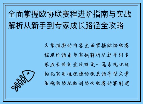 全面掌握欧协联赛程进阶指南与实战解析从新手到专家成长路径全攻略